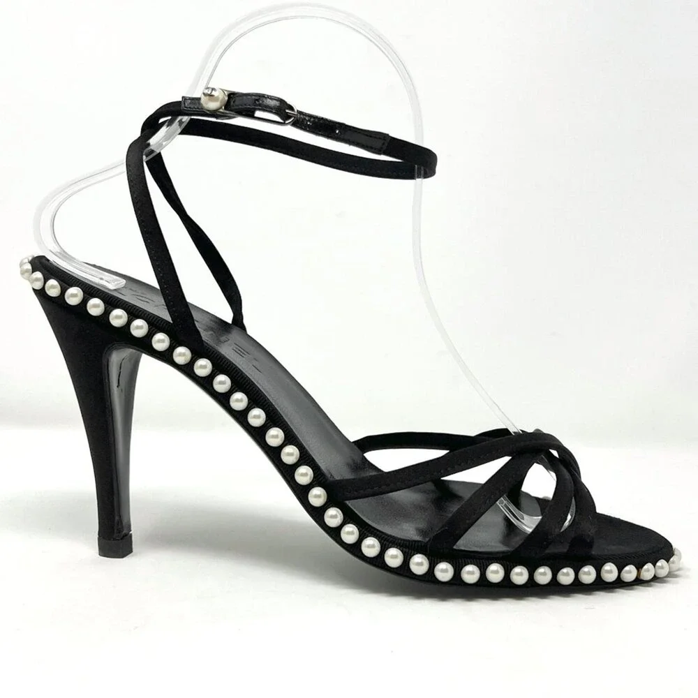 Chanel 2004 Vintage Heels‎ Black Satin Pearl 38.5 Y2K Karl Lagerfeld - Picture 3 of 10